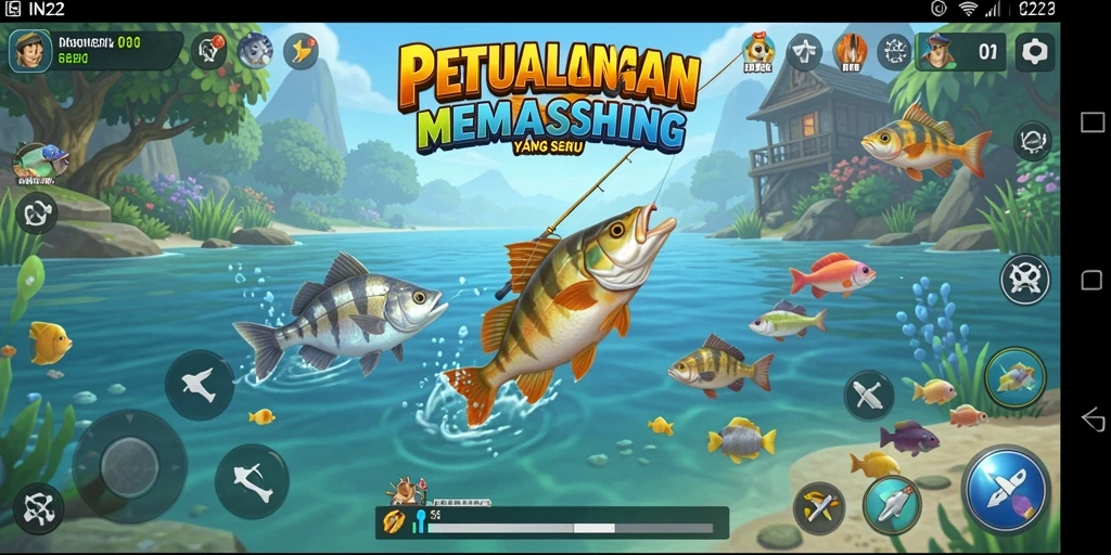 Gameplay memancing yang mendebarkan di IN22 dengan berbagai lokasi indah.