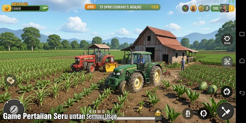 Screenshot gameplay pertanian VESPA69 yang menarik dan berwarna.