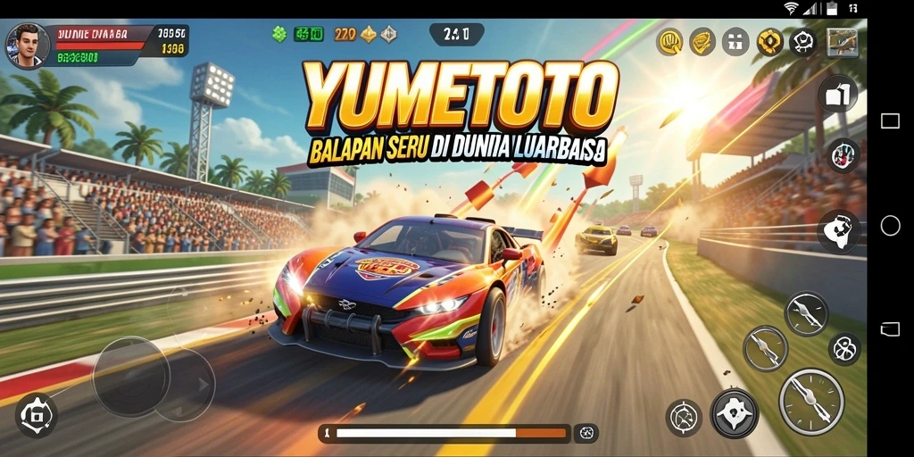 Tampilan screenshot YUMETOTO menampilkan momen balapan yang mendebarkan.
